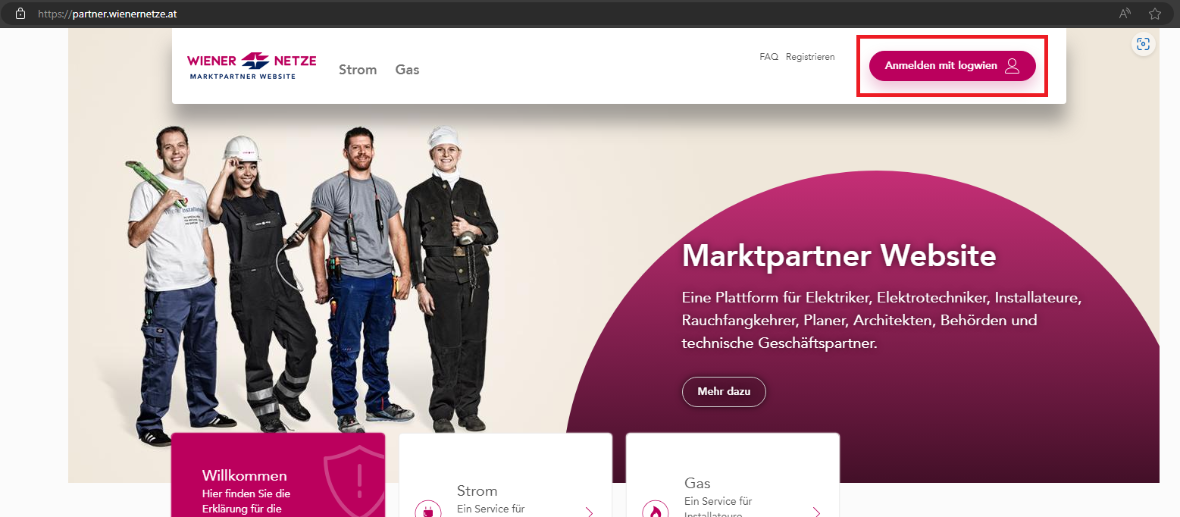 Startseite der Marktpartner Website, rechts oben ist der Button "Anmelden mit logwien" hervorgehoben