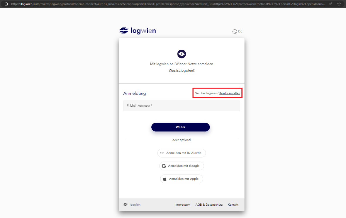 Screenshot der initialen Anmeldemaske von logwien, wobei der Button "Konto erstellen" hervorgehoben ist