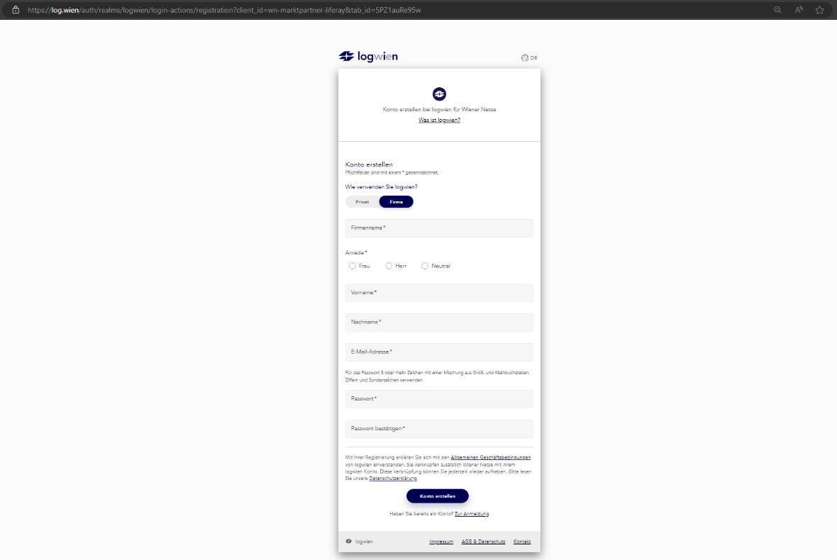 Anmeldeformular für logwien, wo Firmenname, Vorname, Nachname und Mailadresse eingegeben werden muss