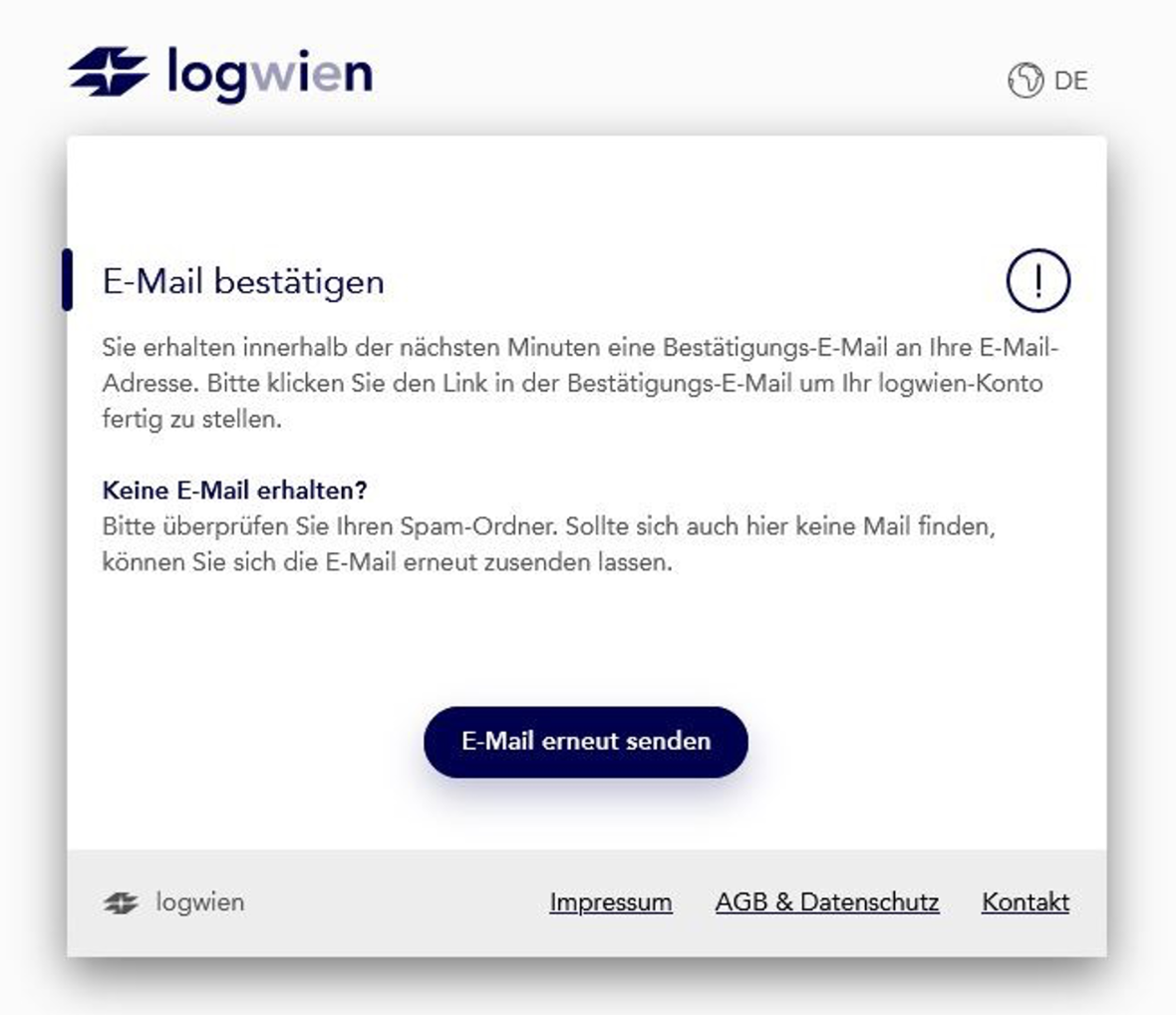 Anmeldeformular für logwien, Schritt E-Mail Bestätigung