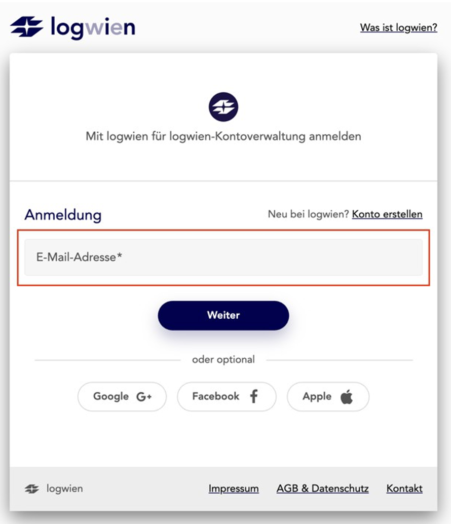 Anmeldeformular für logwien, E-Mail Feld hervorgehoben